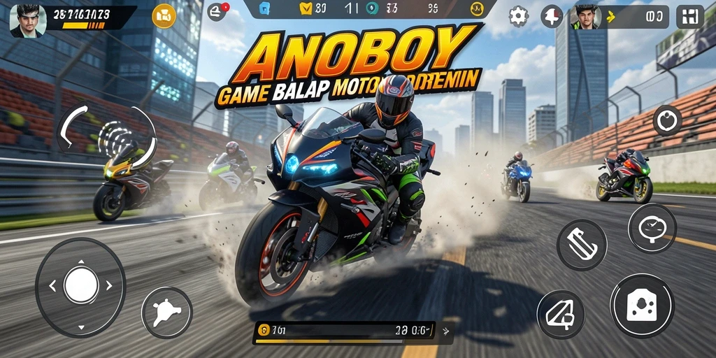 Screenshot utama ANOBOY menampilkan balapan motor yang penuh aksi.