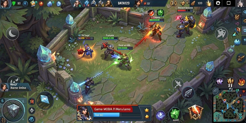 Screenshot permainan BATA123 menampilkan pertempuran seru dalam gaya MOBA.