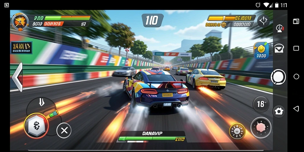 Screenshot gameplay DANAVIP menampilkan balapan mendebarkan di lintasan.