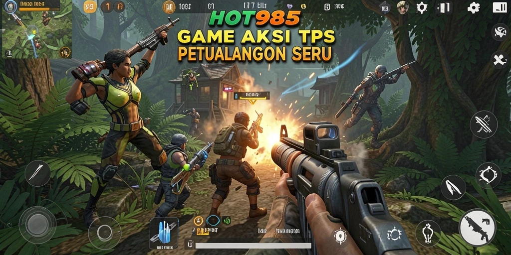 Tampilan gameplay seru di HOT985, penuh aksi tembak-menembak.