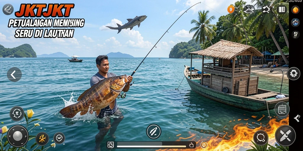 Tampilan gameplay JKTJKT yang menampilkan keseruan memancing.