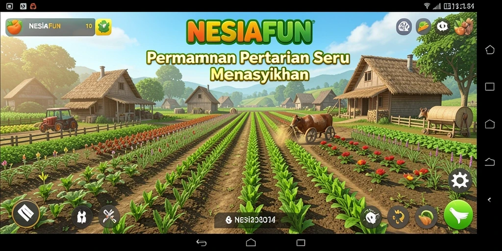 Tampilan gameplay NESIAFUN yang menampilkan kebun yang subur dan hewan ternak.