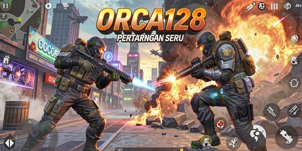 Screenshot utama ORCA128 menampilkan aksi pertarungan seru dalam TPS.