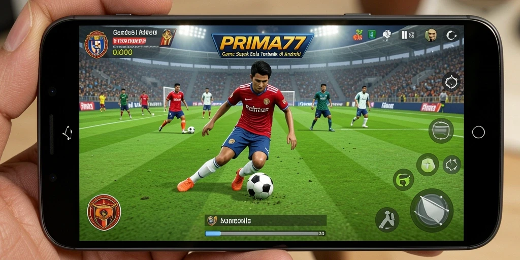 Screenshot gameplay PRIMA77 menampilkan aksi seru di lapangan sepak bola.