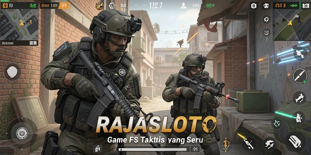 Tangkapan layar RAJASLOTO menampilkan aksi pertempuran FPS yang intens.