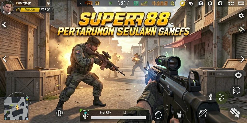 Screenshot gameplay SUPER88 menampilkan pertempuran seru dan grafis yang memukau.