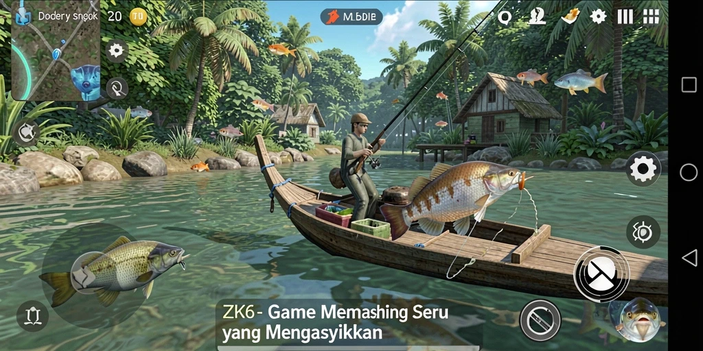 Screenshot gameplay ZK6 yang menunjukkan pengalaman memancing yang seru.